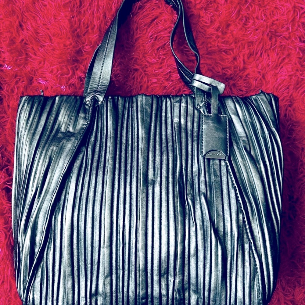 Calvin Klein Metallic Silver Textured Tote Bag